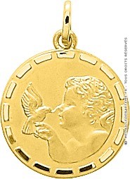 Médaille Ange à l'Oiseau bords fantaisie (Or Jaune)