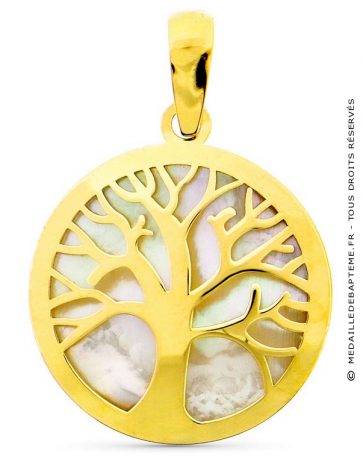 Médaille Arbre de Vie sur nacre ronde (Or jaune 9K)