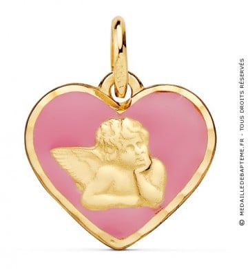 Médaille Ange coeur email rose