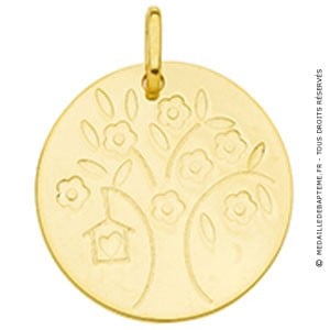 Médaille Arbre de Vie fleuri et son nichoir (Or jaune)