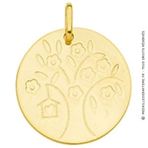 Médaille Arbre de Vie fleuri et son nichoir (Or jaune)