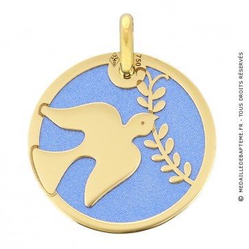 Médaille colombe et rameau sur fond bleu (Or Jaune et acier)