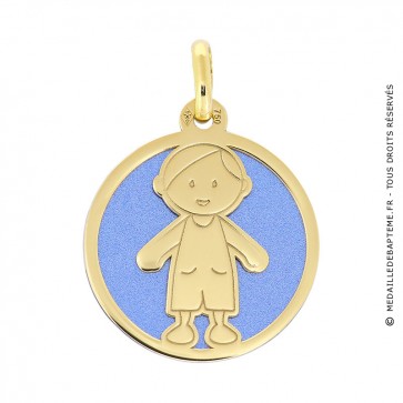 Médaille garçon sur fond bleu (Or Jaune et Acier bleu)