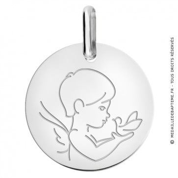 Médaille petit ange à la colombe Or Blanc 18 carats