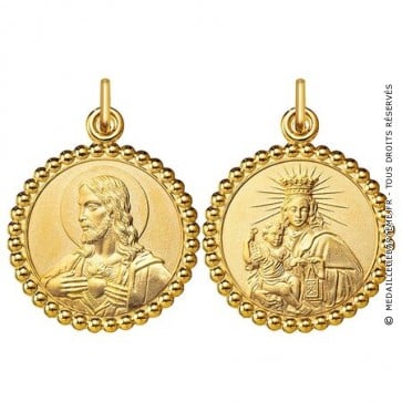 Médaille Scapulaire Vierge du Mont Carmel / Christ en sacré coeur Bord perlé (Or Jaune)