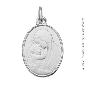 Médaille Vierge à l'enfant ovale bord polis en or blanc