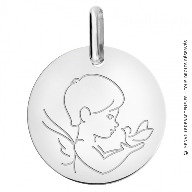Médaille petit ange à la colombe en or blanc, jolie et moderne