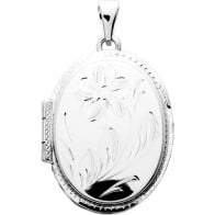 Pendentif grand porte-photo ovale motif fleural (Argent)