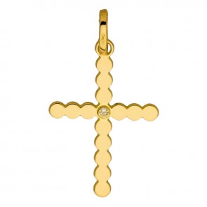 Pendentif  Croix perlée et Diamant (Or Jaune)