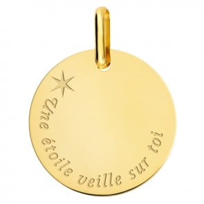 Pendentif jeton une étoile veille sur toi or jaune 18k