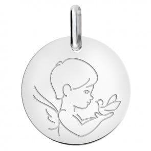 Médaille petit ange à la colombe Or Blanc 9 carats