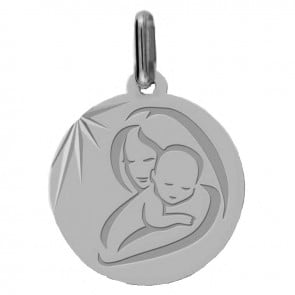 Médaille vierge à l'enfant moderne (Or Blanc)